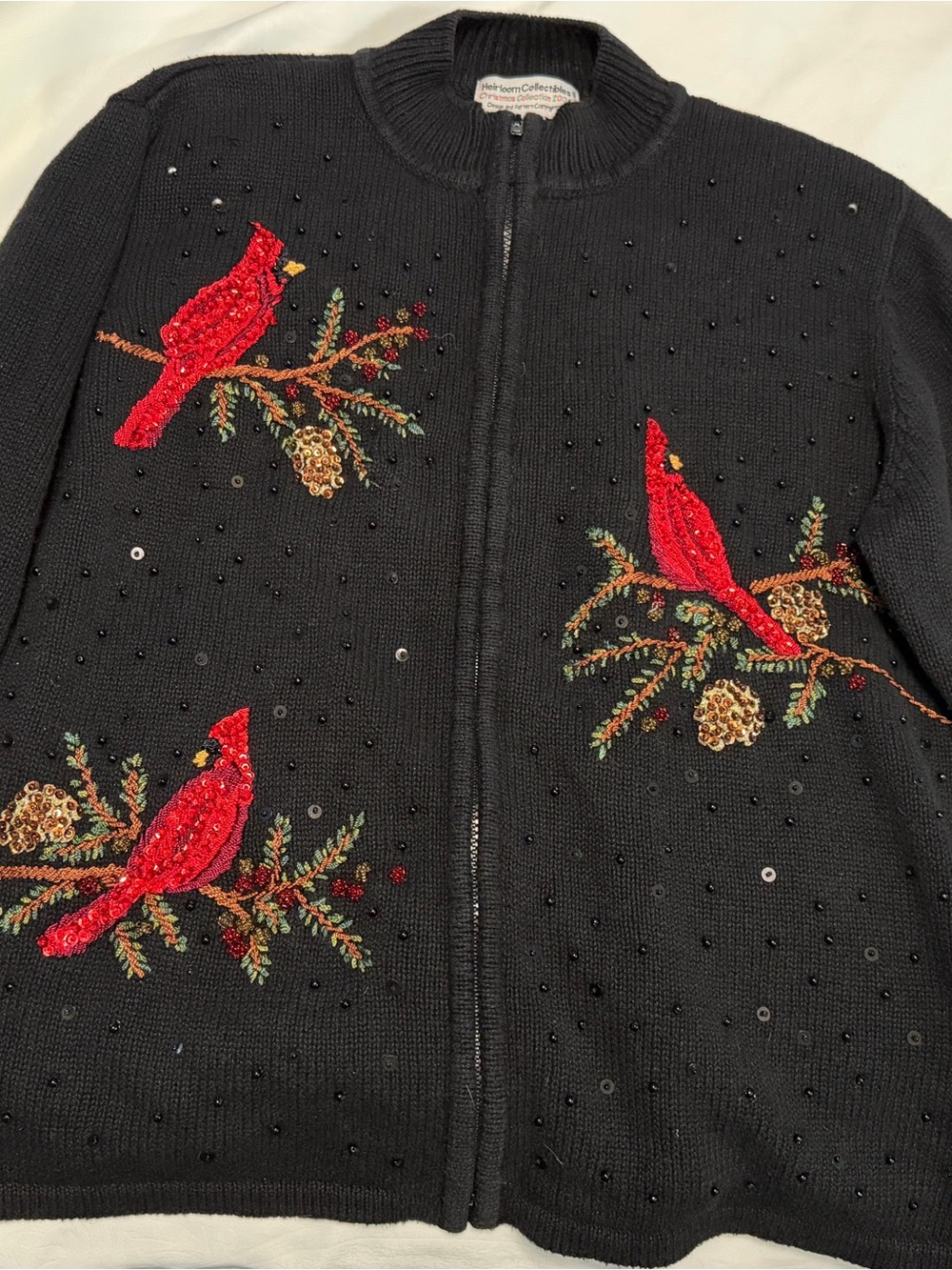 Vintage Black Cardinal Embroidered Zip-Up Sweater